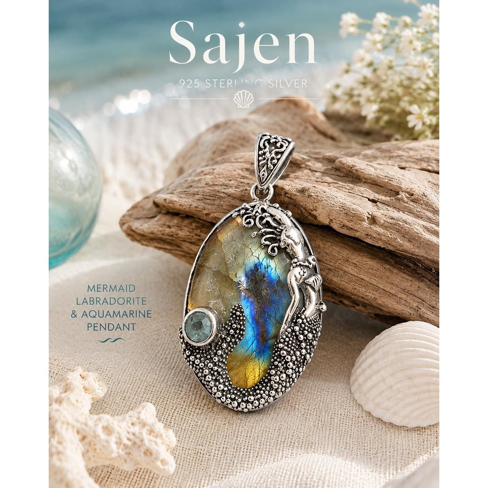 Sajen Sterling Silver Mermaid Labradorite Aquamarine Pendant Mermaidcore Artisan